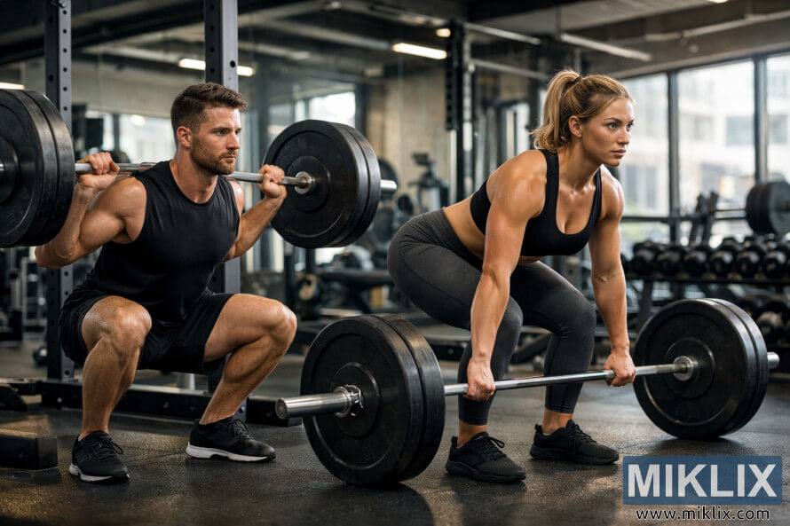 Male and female athletes lifting heavy barbells in a bright, modern gym environment.