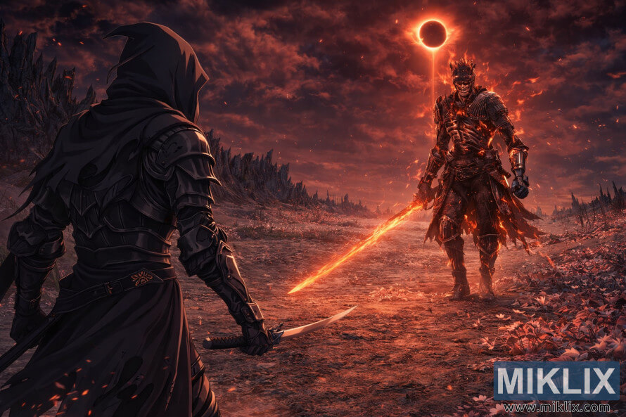 在荒凉的战场上，一位身着暗影盔甲的动漫风格战士，在炽热的日蚀下，与一位手持火焰之剑的烈焰骑士对峙。