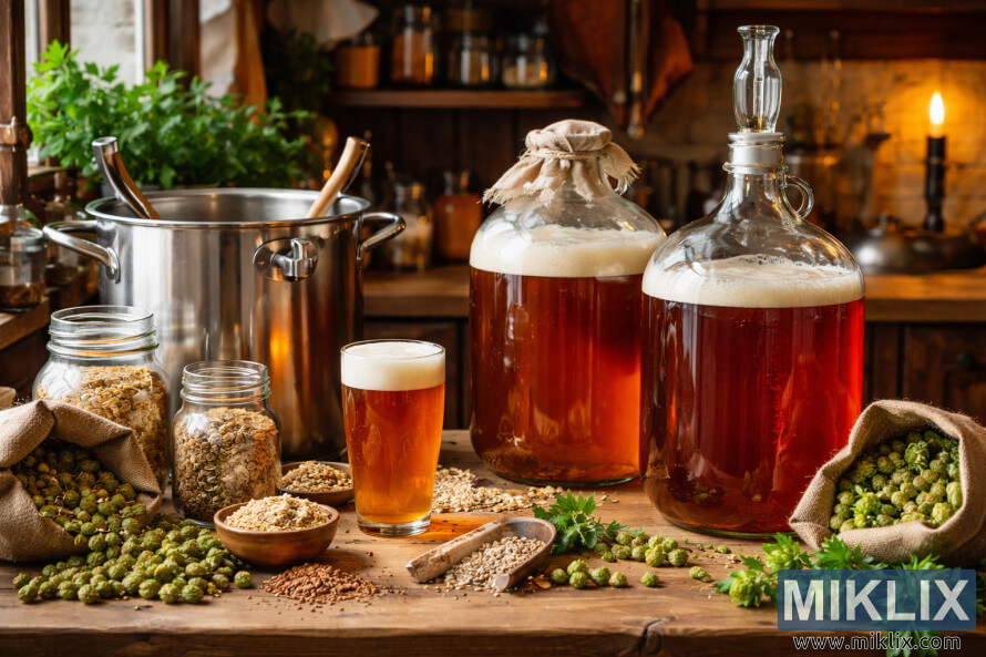 Rusztikus konyhapult, melyen erjedÅ sörrel teli üvegkannák, sörfÅzŠüst, komló, gabonafélék és egy frissen öntött korsó sör látható Rusztikus konyhapult, melyen erjedÅ sörrel teli üvegkannák, sörfÅzŠüst, komló, gabonafélék és egy frissen öntött korsó sör látható