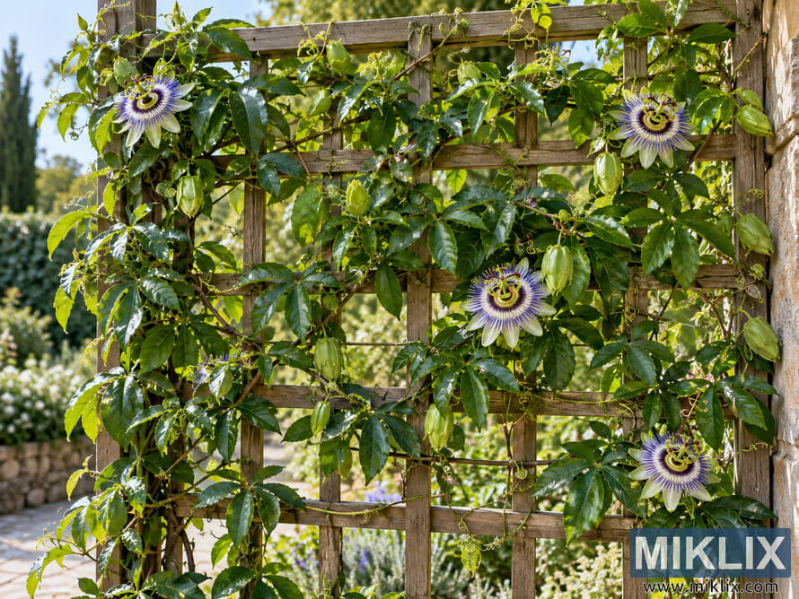 Pruned passionflower vine with green leaves, buds, and purple-white flowers trained across a weathered wooden garden trellis. Pruned passionflower vine with green leaves, buds, and purple-white flowers trained across a weathered wooden garden trellis.