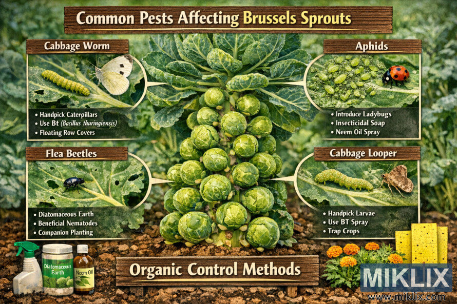 Infografika wat spruitkoolplae soos koolwurms, plantluise, vlooiskewers en koollusers met organiese beheermetodes toon.