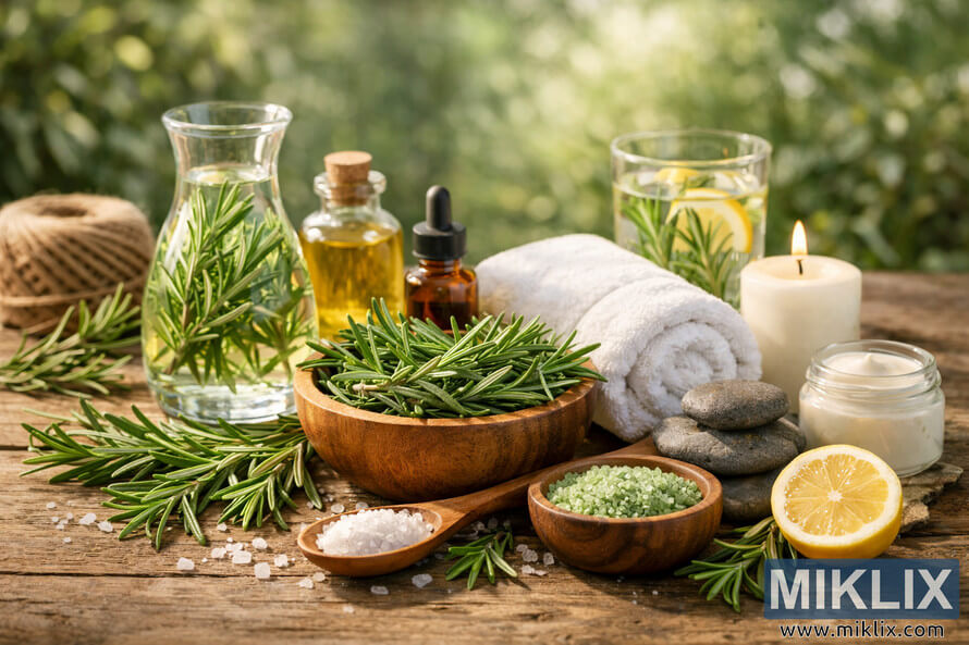 Landscape photo of a wellness-themed arrangement on a rustic wooden surface featuring a wooden bowl filled with fresh rosemary sprigs, a glass carafe of rosemary-infused water, bottles of natural oil, a rolled white towel, a lit white candle, a wooden spoon with coarse sea salt, a ceramic dish of green bath salts, smooth gray stones, a jar of creamy skincare product, a lemon half, and a glass of water with rosemary and lemon slices, all set against a blurred, sunlit background of green foliage. Landscape photo of a wellness-themed arrangement on a rustic wooden surface featuring a wooden bowl filled with fresh rosemary sprigs, a glass carafe of rosemary-infused water, bottles of natural oil, a rolled white towel, a lit white candle, a wooden spoon with coarse sea salt, a ceramic dish of green bath salts, smooth gray stones, a jar of creamy skincare product, a lemon half, and a glass of water with rosemary and lemon slices, all set against a blurred, sunlit background of green foliage.