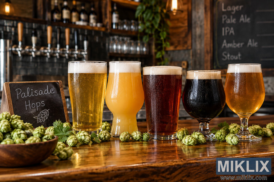Five different beer styles made with Palisade hops, ranging from clear golden and hazy pale beer to amber ale and dark stout, arranged on a rustic wooden brewery bar with fresh green hop cones, a Palisade Hops chalkboard sign, beer taps, and a softly blurred chalkboard menu in the background. Five different beer styles made with Palisade hops, ranging from clear golden and hazy pale beer to amber ale and dark stout, arranged on a rustic wooden brewery bar with fresh green hop cones, a Palisade Hops chalkboard sign, beer taps, and a softly blurred chalkboard menu in the background.