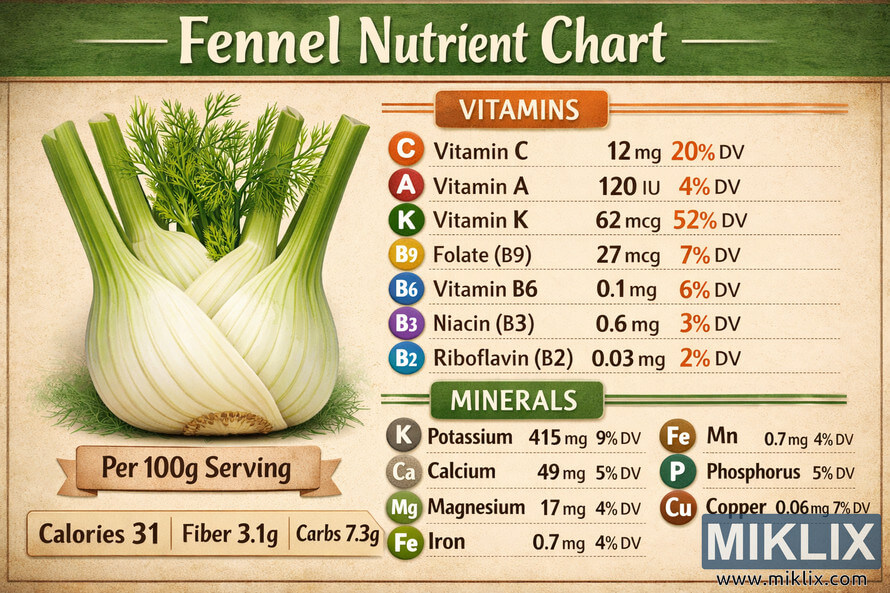 Infographic showing the nutritional breakdown of fennel bulb with detailed vitamin and mineral data per 100g serving. Infographic showing the nutritional breakdown of fennel bulb with detailed vitamin and mineral data per 100g serving.