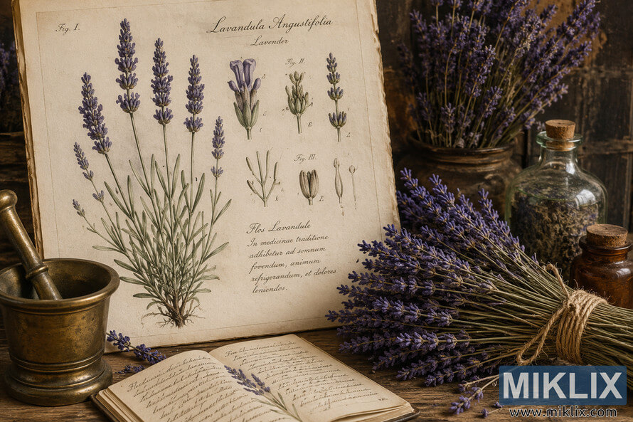 Historical botanical illustration of lavender plants used in traditional medicine, displayed beside dried lavender bundles, antique apothecary jars, handwritten herbal notes, and a brass mortar and pestle on a rustic wooden table. Historical botanical illustration of lavender plants used in traditional medicine, displayed beside dried lavender bundles, antique apothecary jars, handwritten herbal notes, and a brass mortar and pestle on a rustic wooden table.