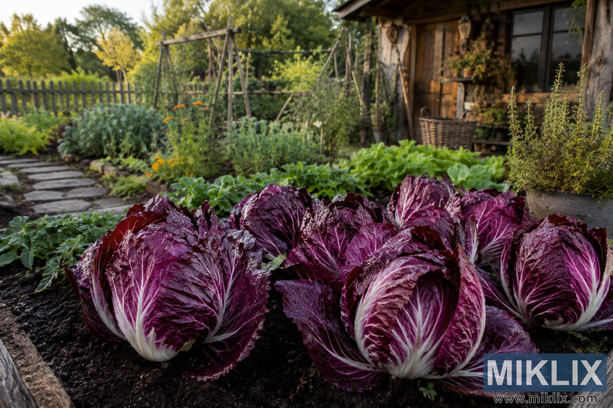 Landscape photo of vibrant purple-and-white radicchio plants growing in rich dark soil within a rustic vegetable garden, surrounded by greenery, stone pathways, wooden fencing, and a cozy garden shed in warm natural evening light. Landscape photo of vibrant purple-and-white radicchio plants growing in rich dark soil within a rustic vegetable garden, surrounded by greenery, stone pathways, wooden fencing, and a cozy garden shed in warm natural evening light.