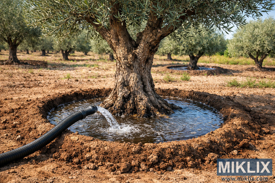 Olive tree being deep-watered using a circular soil basin and irrigation hose in a sunlit olive grove Olive tree being deep-watered using a circular soil basin and irrigation hose in a sunlit olive grove