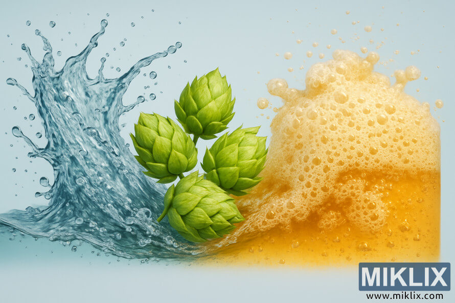 IlustrÃ¡cia striekajÃºcej vody, zelenÃ©ho chmeÄ¾u a zlatej peny symbolizujÃºcej varenie piva Hefeweizen.