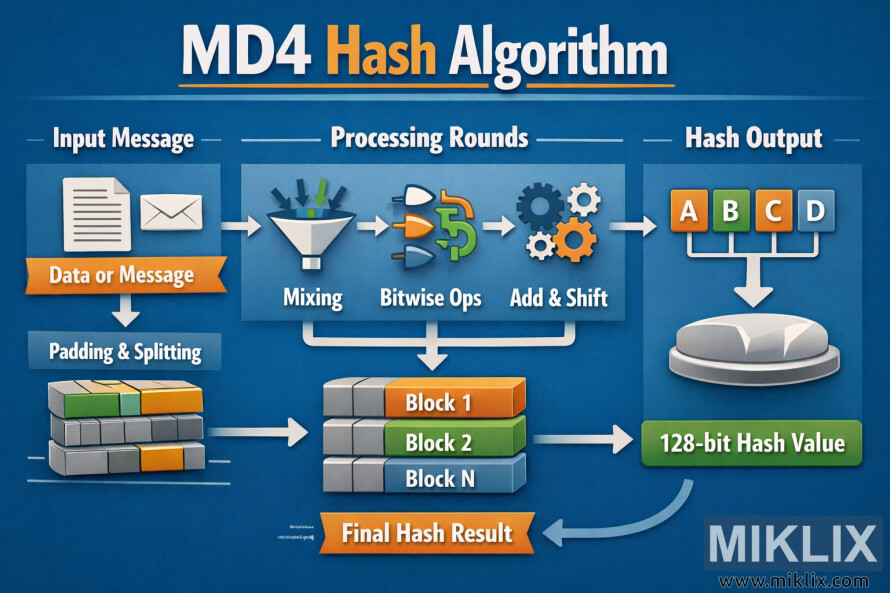 Infographie illustrant le flux de l'algorithme de hachage MD4, du message d'entrée aux différentes étapes de traitement jusqu'à une sortie de hachage de 128 bits.