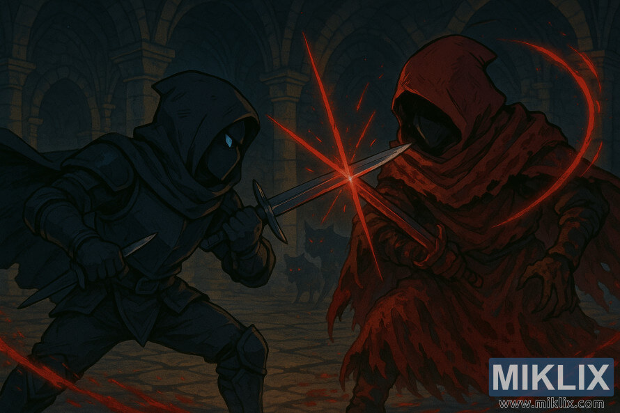 Anime stiliaus gerbÄjÅ³ pieÅ¡inys, vaizduojantis ApgaubtÄ ir gobtuvu prisidengusÄ¯ Kraujo kunigÄ, besikaudÅ¾iantÄ¯ aÅ¡menimis Leyndello katakombose.