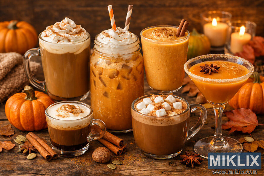 A rustic table displaying various pumpkin-flavored drinks in different glasses surrounded by autumn decorations.