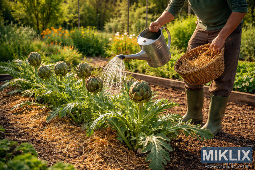 Gardener watering and mulching artichoke plants in a sunlit garden with raised beds and straw mulch.