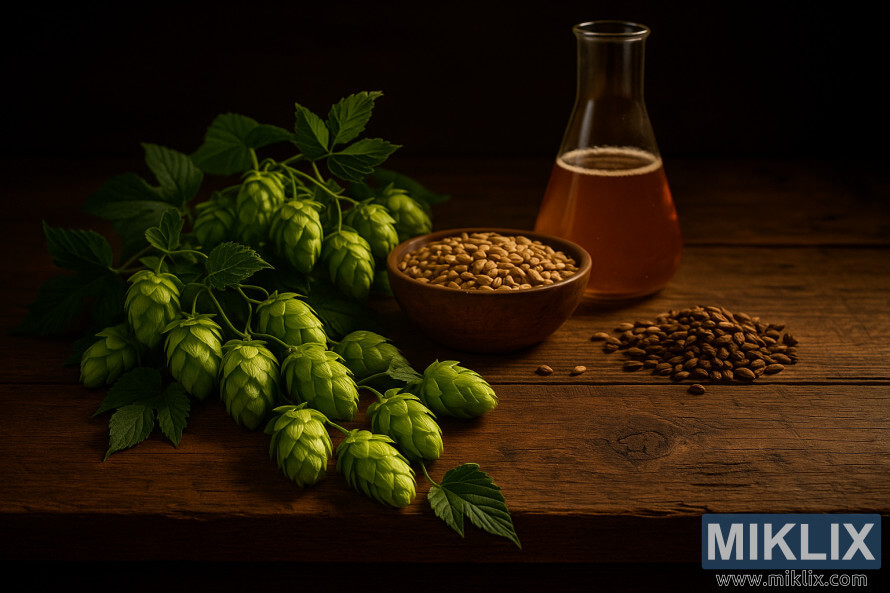 Des cÃ´nes de houblon verts frais, des grains maltÃ©s et une flasque de liquide dorÃ© exposÃ©s sur une table rustique en bois sous un Ã©clairage chaleureux.