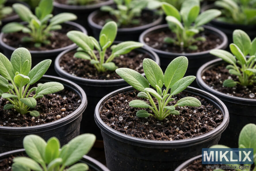 Gros plan sur de jeunes plants de sauge poussant dans de petits pots remplis de terre sombre, disposÃ©s en rangÃ©es nettes avec des feuilles douces vertes et duveteuses.