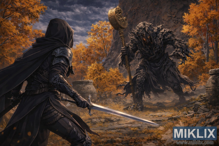 Anime-stiilis Elden Ringi fÃ¤nnikunst, kus mustas noasÃ¼Ã¼s Tarnished Mani tegelaskuju hoiab mÃµÃµka kÃ¤es ja seisab silmitsi Erdtree avatari'ga Liurnia sÃ¼gisestes varemetes.