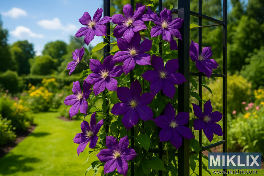 La clÃ©matite violette fleurit sur un treillis noir dans un jardin ensoleillÃ© avec une pelouse verte et des plates-bandes.