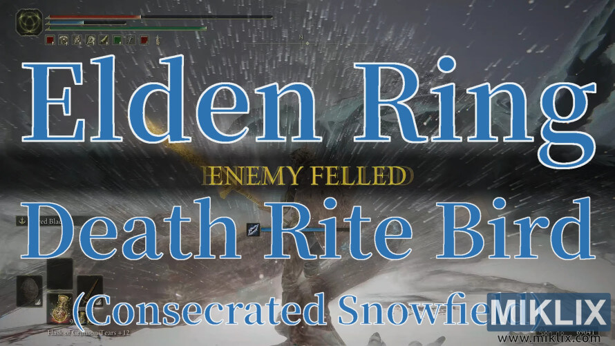 Elden Ring screenshot showing “Enemy Felled” after defeating the Death Rite Bird in the Consecrated Snowfield.