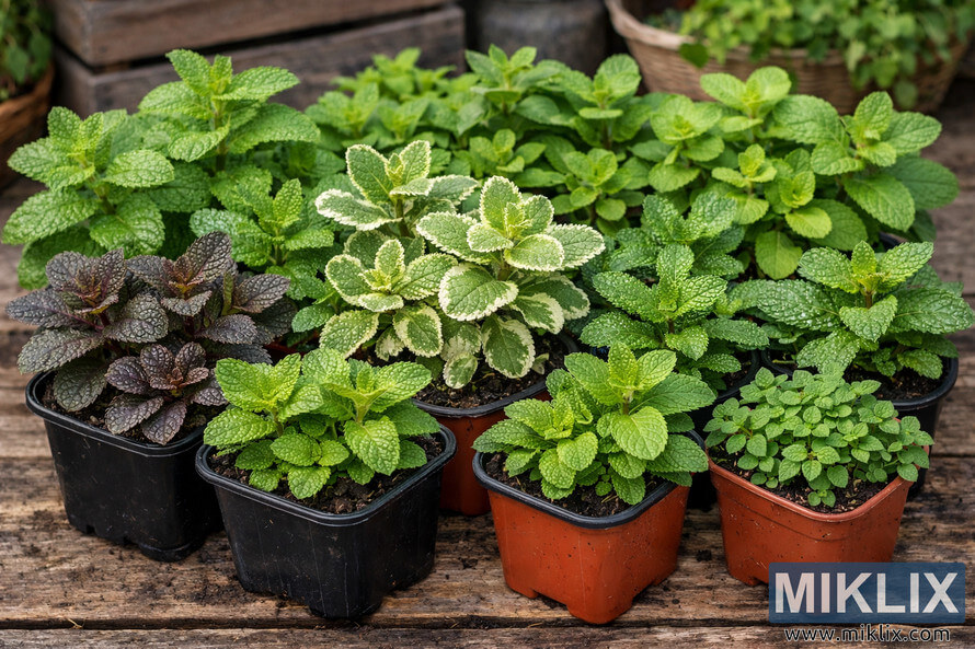Several varieties of mint plants growing in small starter pots arranged on a rustic wooden surface.