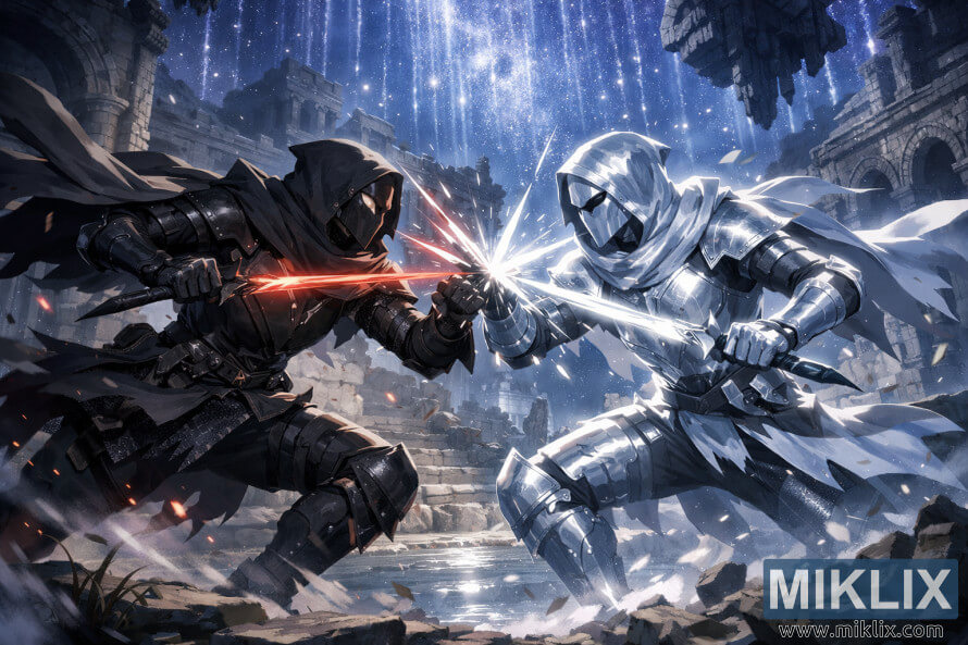 Fan art Ã  la maniÃ¨re anime des Tarnished en armure Black Knife affrontant le Mimic Tear argentÃ© dans les ruines de Nokron, leurs dagues lumineuses sâentrechoquant sous un ciel Ã©toilÃ©.