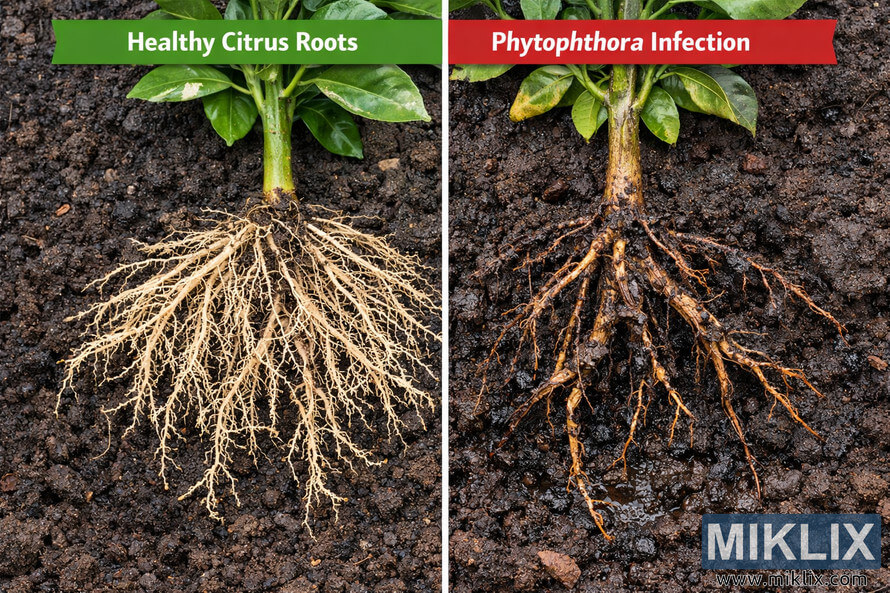 Side-by-side comparison showing healthy citrus roots in well-structured soil versus citrus roots damaged by Phytophthora root rot in wet, decaying soil.