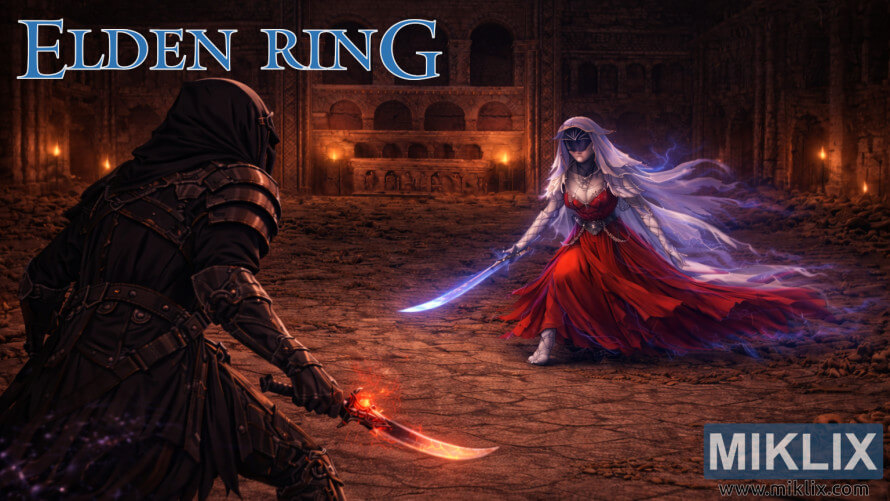 Fan art of Black Knife armor player facing Dancer of Ranah in Elden Ring: Shadow of the Erdtree Fan art of Black Knife armor player facing Dancer of Ranah in Elden Ring: Shadow of the Erdtree