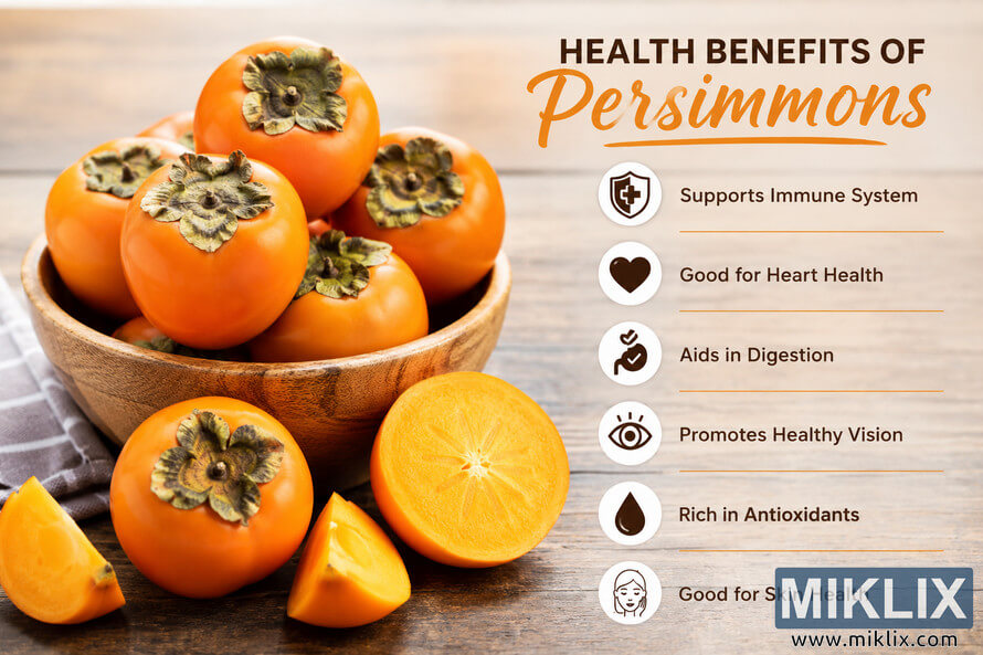 Fresh orange persimmons arranged in a wooden bowl on a rustic wooden table beside sliced persimmons, accompanied by a health benefits infographic highlighting immune support, heart health, digestion, antioxidants, vision, and skin health.