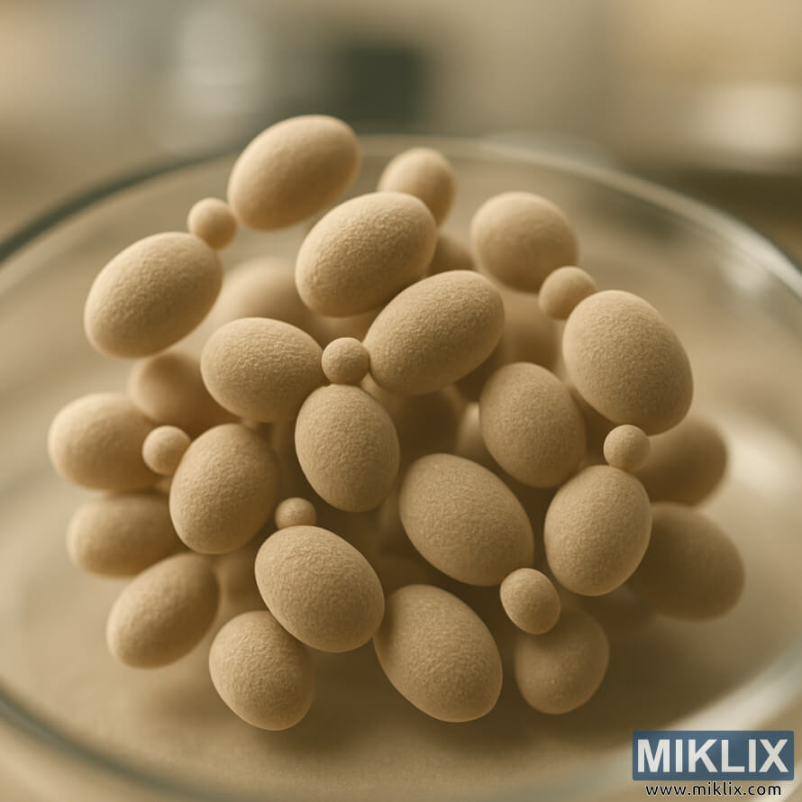 Ovális élesztÅsejtek mikroszkópos közeli képe rügyezÅ képzÅdményekkel, élesen fókuszálva az elÅtérben egy elmosódott laboratóriumi háttér elÅtt. Ovális élesztÅsejtek mikroszkópos közeli képe rügyezÅ képzÅdményekkel, élesen fókuszálva az elÅtérben egy elmosódott laboratóriumi háttér elÅtt.