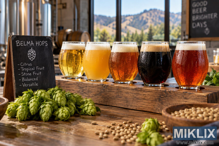 Five different beer styles ranging from pale gold and hazy orange to amber, dark brown, and reddish copper sit in a wooden tasting flight beside fresh green hops, malted barley, and a chalkboard labeled Belma Hops in a sunlit craft brewery. Five different beer styles ranging from pale gold and hazy orange to amber, dark brown, and reddish copper sit in a wooden tasting flight beside fresh green hops, malted barley, and a chalkboard labeled Belma Hops in a sunlit craft brewery.