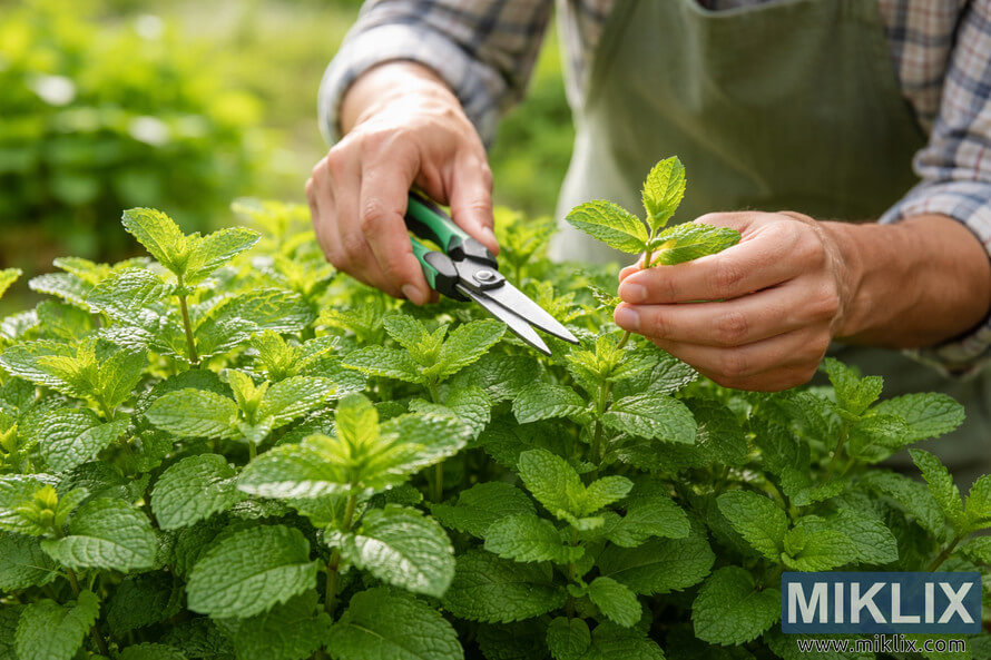 Close-up of a gardener pruning fresh green mint with hand pruners in a sunlit garden to encourage bushy growth and prevent flowering.