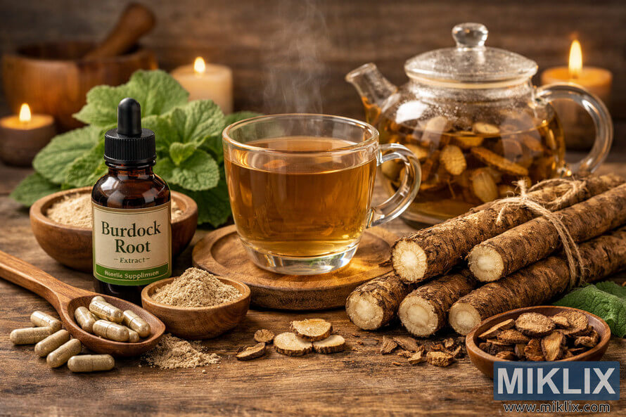 A warm-toned landscape photograph showing burdock root supplements, tea, and fresh roots arranged on a rustic wooden surface with herbal leaves and candles in the background. A warm-toned landscape photograph showing burdock root supplements, tea, and fresh roots arranged on a rustic wooden surface with herbal leaves and candles in the background.