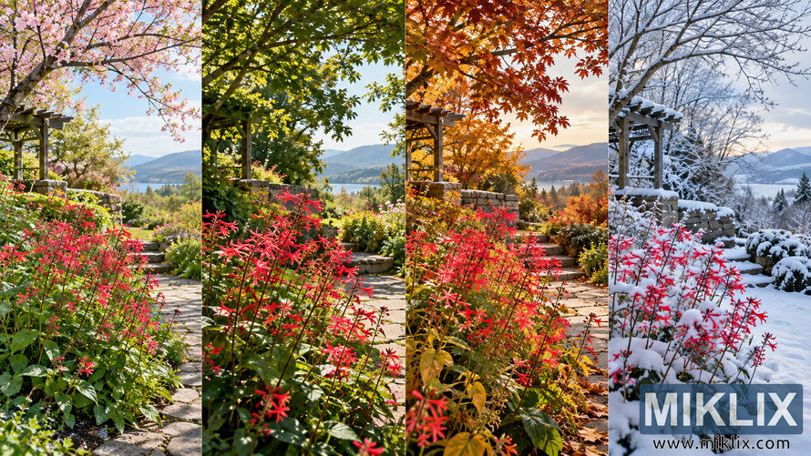 Four-panel landscape showing a fire-pink flower garden changing from spring blossoms and summer greenery to autumn foliage and snowy winter.