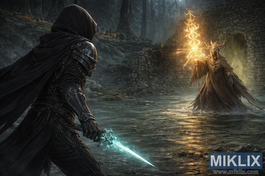 Anime-style fan art showing the Tarnished in Black Knife armor seen from behind, cautiously facing Jori, Elder Inquisitor, in the flooded Darklight Catacombs of Elden Ring. Anime-style fan art showing the Tarnished in Black Knife armor seen from behind, cautiously facing Jori, Elder Inquisitor, in the flooded Darklight Catacombs of Elden Ring.