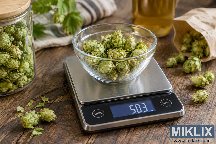 Glass bowl filled with green hop cones on a stainless-steel digital scale reading 50.3 g, surrounded by loose hops, a storage jar, a paper pouch, and brewing-related items on a rustic wooden table. Glass bowl filled with green hop cones on a stainless-steel digital scale reading 50.3 g, surrounded by loose hops, a storage jar, a paper pouch, and brewing-related items on a rustic wooden table.