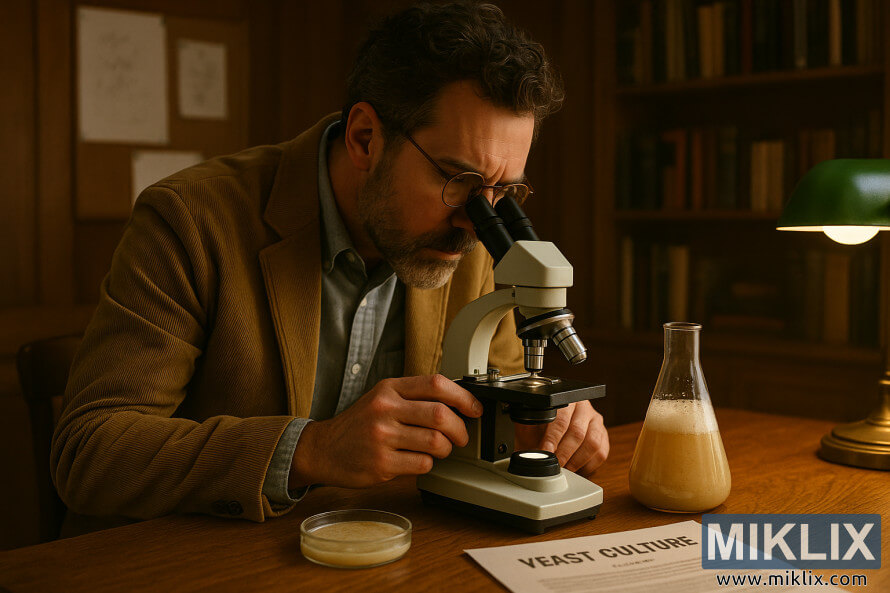 A ilmuwan mriksa budaya ragi liwat mikroskop ing anget, panel kayu sinau akademisi. A ilmuwan mriksa budaya ragi liwat mikroskop ing anget, panel kayu sinau akademisi.