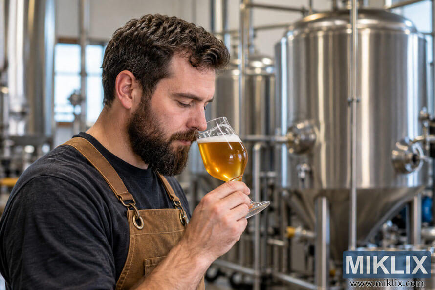 Professional brewer in a brown work apron smells a stemmed glass of golden beer to evaluate its aroma, surrounded by stainless-steel fermentation tanks and brewing equipment.