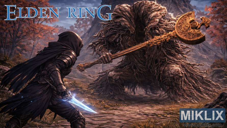 Dark fantasy fan art of a Black Knife armored player character confronting the massive Erdtree Avatar boss on the Weeping Peninsula in Elden Ring.