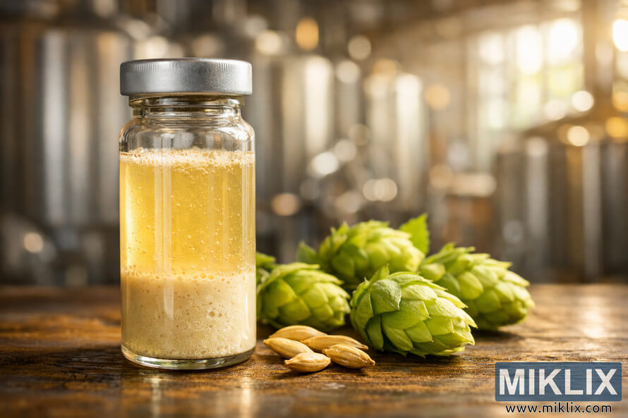 Close-up of a glass vial filled with pale golden lager yeast sediment, with barley grains and fresh green hops in front of blurred brewery fermentation tanks.