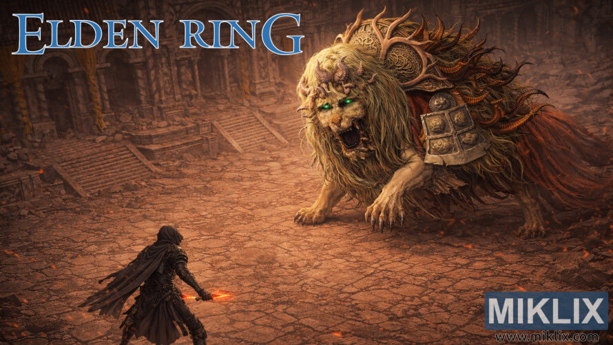Fan art of Tarnished in Black Knife armor battling Divine Beast Dancing Lion in Belurat, Elden Ring: Shadow of the Erdtree