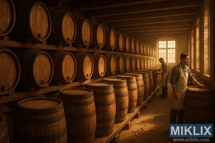 Warehouse na may mga hanay ng mga kahoy na casks na nag-iimbak ng Munich malt, na naliligo sa mainit na ginintuang liwanag.