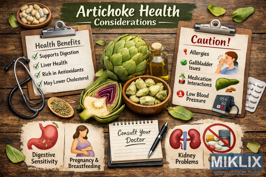 Educational photo showing artichokes, health benefit notes, and medical cautions on a wooden surface. Educational photo showing artichokes, health benefit notes, and medical cautions on a wooden surface.