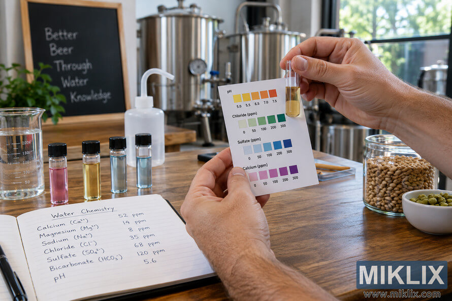 Brewer compares a pale yellow water sample in a glass vial with a pH and mineral color chart at a wooden workbench, surrounded by test vials, a chemistry notebook, malt, hops, and stainless-steel brewing equipment.