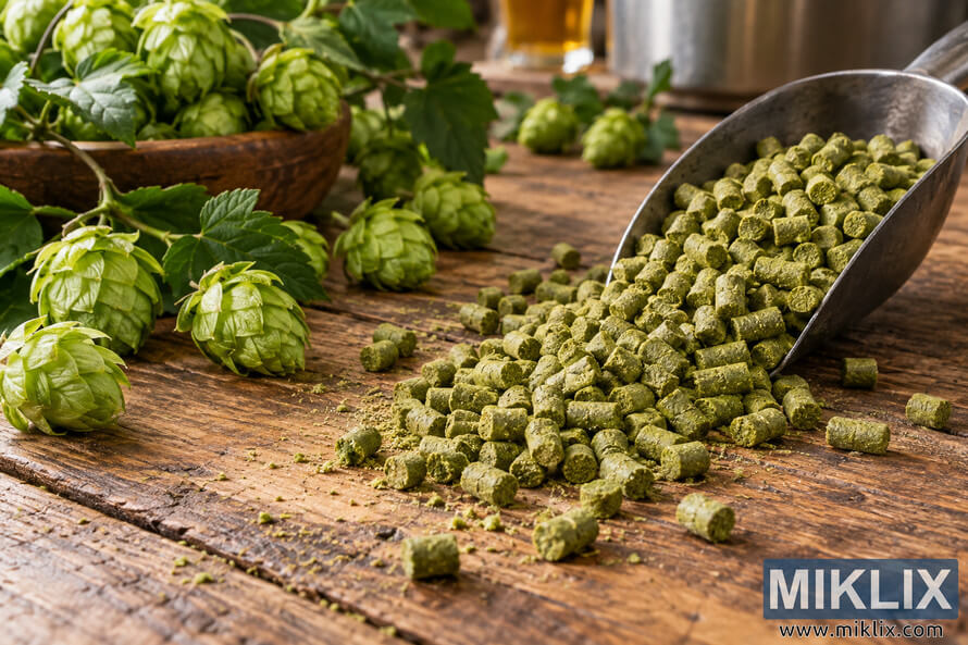 Green hop pellets spill from a metal scoop across a rustic wooden brewing table beside fresh whole hop cones, leafy vines, and a wooden bowl, with softly blurred brewing equipment and an amber drink in the background. Green hop pellets spill from a metal scoop across a rustic wooden brewing table beside fresh whole hop cones, leafy vines, and a wooden bowl, with softly blurred brewing equipment and an amber drink in the background.