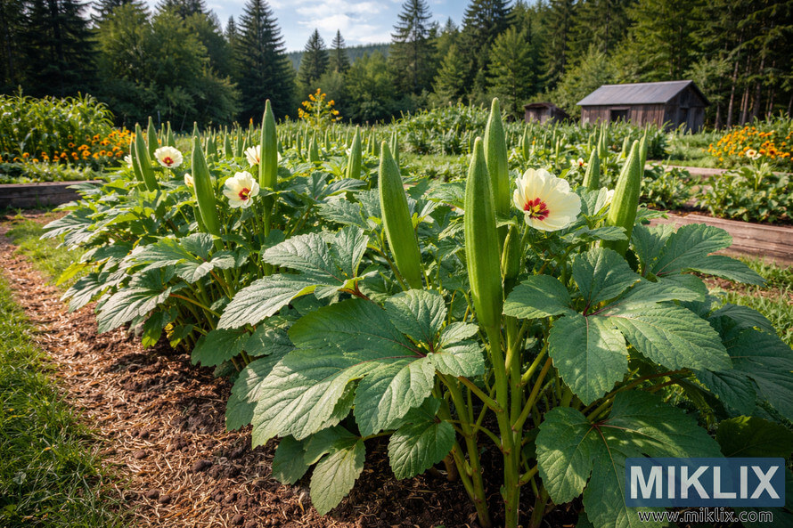 Healthy okra plants with tall green pods and pale yellow flowers growing in neat rows in a lush northern garden with raised beds, forest, and a small wooden shed in the background.