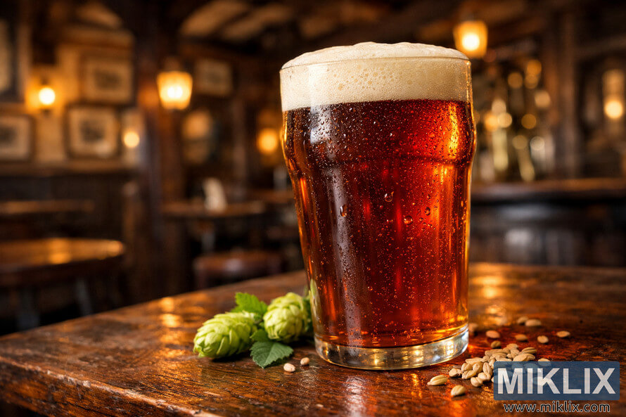 A close-up of a pint of amber ale with a frothy head on a wooden pub table, surrounded by hops and barley, with a blurred traditional British pub interior in the background. A close-up of a pint of amber ale with a frothy head on a wooden pub table, surrounded by hops and barley, with a blurred traditional British pub interior in the background.