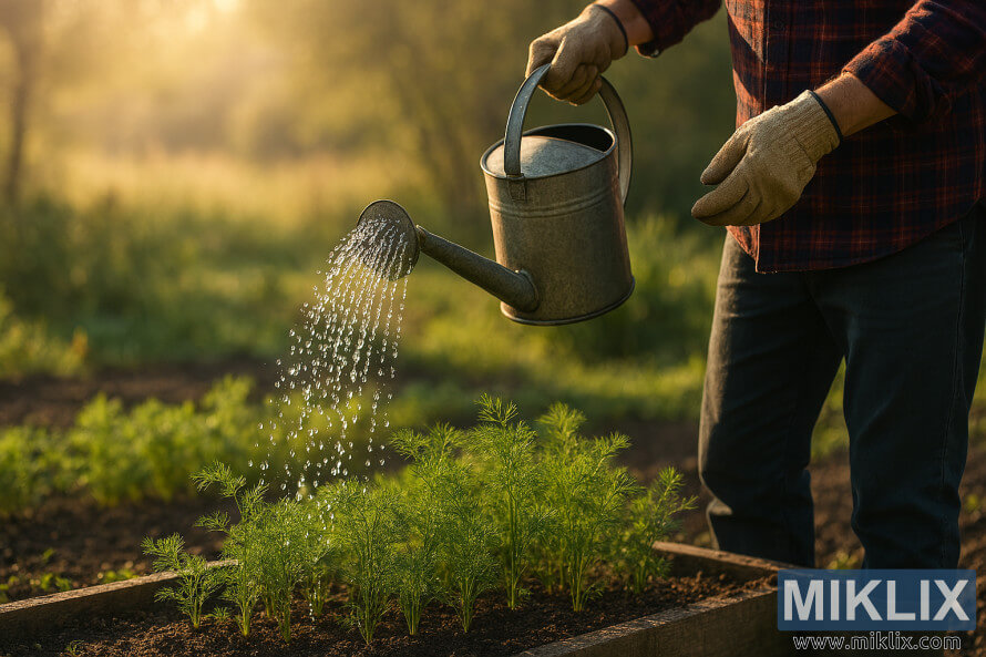 Jardinier arrosant les jeunes aneths avec un arrosoir en mÃ©tal au soleil du matin