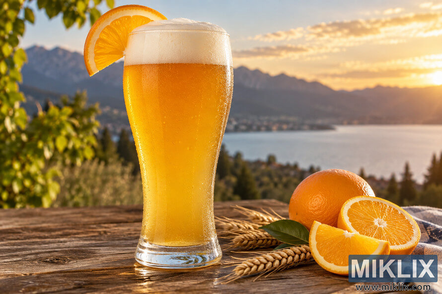 Chilled golden wheat beer with a creamy foam head and orange-slice garnish on a rustic wooden table, surrounded by fresh oranges and wheat stalks, with a mountain lake and warm sunset softly blurred in the background. Chilled golden wheat beer with a creamy foam head and orange-slice garnish on a rustic wooden table, surrounded by fresh oranges and wheat stalks, with a mountain lake and warm sunset softly blurred in the background.