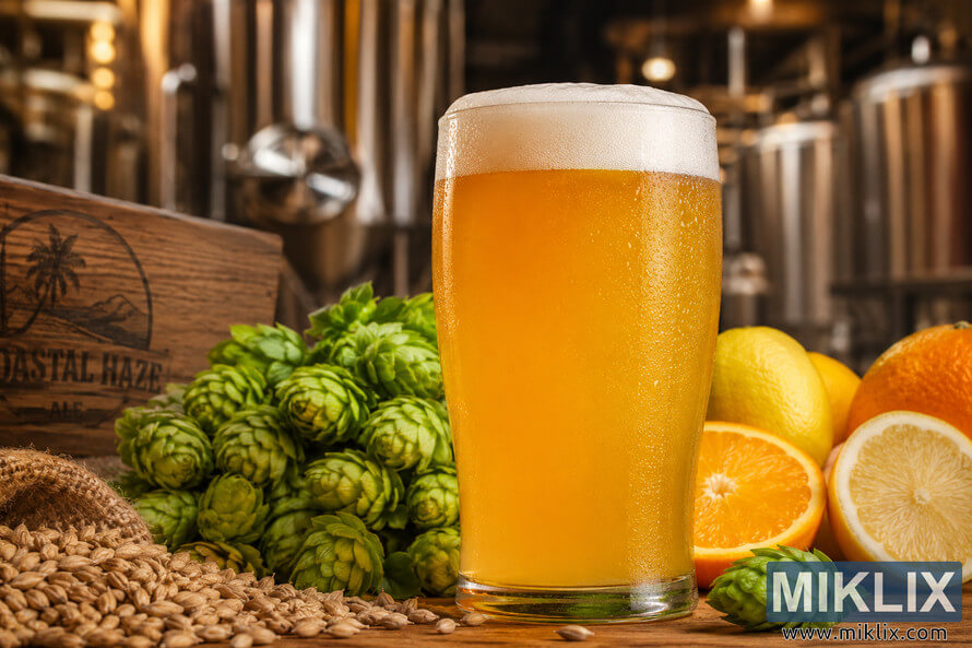 Close-up of a hazy IPA beer in a clear glass with a frothy white head, surrounded by fresh hops, grains, oranges, and lemons in a softly lit brewery setting. Close-up of a hazy IPA beer in a clear glass with a frothy white head, surrounded by fresh hops, grains, oranges, and lemons in a softly lit brewery setting.