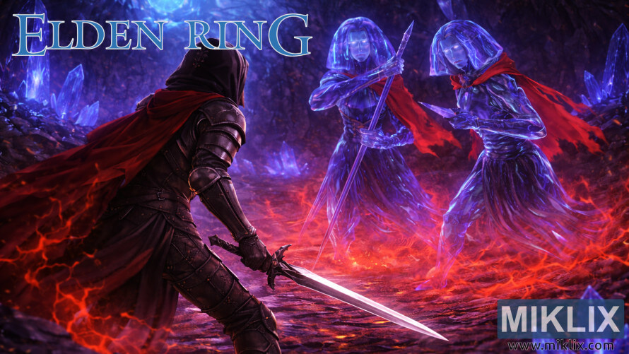 Dark fantasy fan art of the Tarnished in Black Knife armor wielding a sword against two Crystalian bosses inside Elden Ring’s Academy Crystal Cave. Dark fantasy fan art of the Tarnished in Black Knife armor wielding a sword against two Crystalian bosses inside Elden Ring’s Academy Crystal Cave.