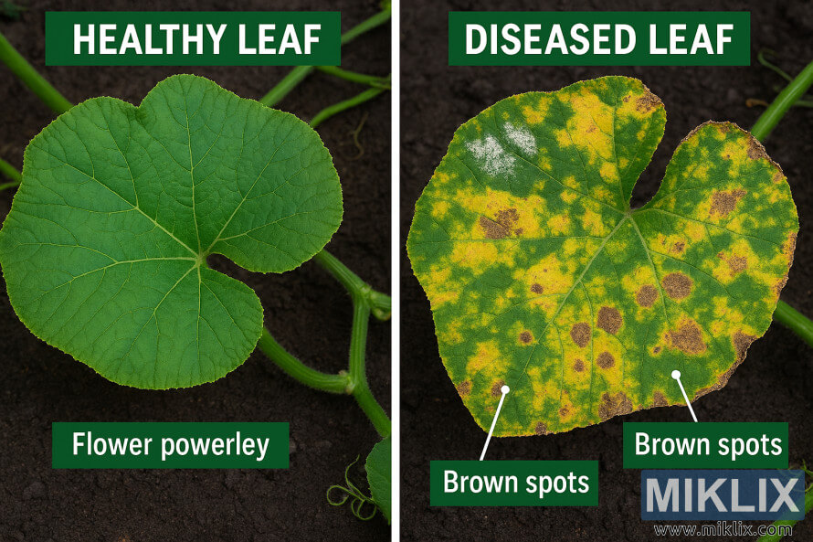 Side-by-side comparison of healthy and diseased pumpkin leaves showing symptoms like powdery mildew and yellowing