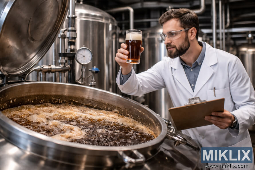 A scientist in a lab coat and safety glasses examines a glass of dark ale beside a bubbling stainless-steel fermentation tank in a commercial brewery. A scientist in a lab coat and safety glasses examines a glass of dark ale beside a bubbling stainless-steel fermentation tank in a commercial brewery.